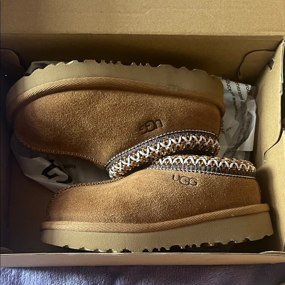 UGG Tan Suede Slip-Ons with Patterned Trim